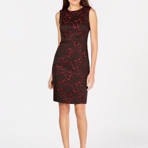 Calvin Klein black and red rose floral jacquard sleeveless sheath dress size 6